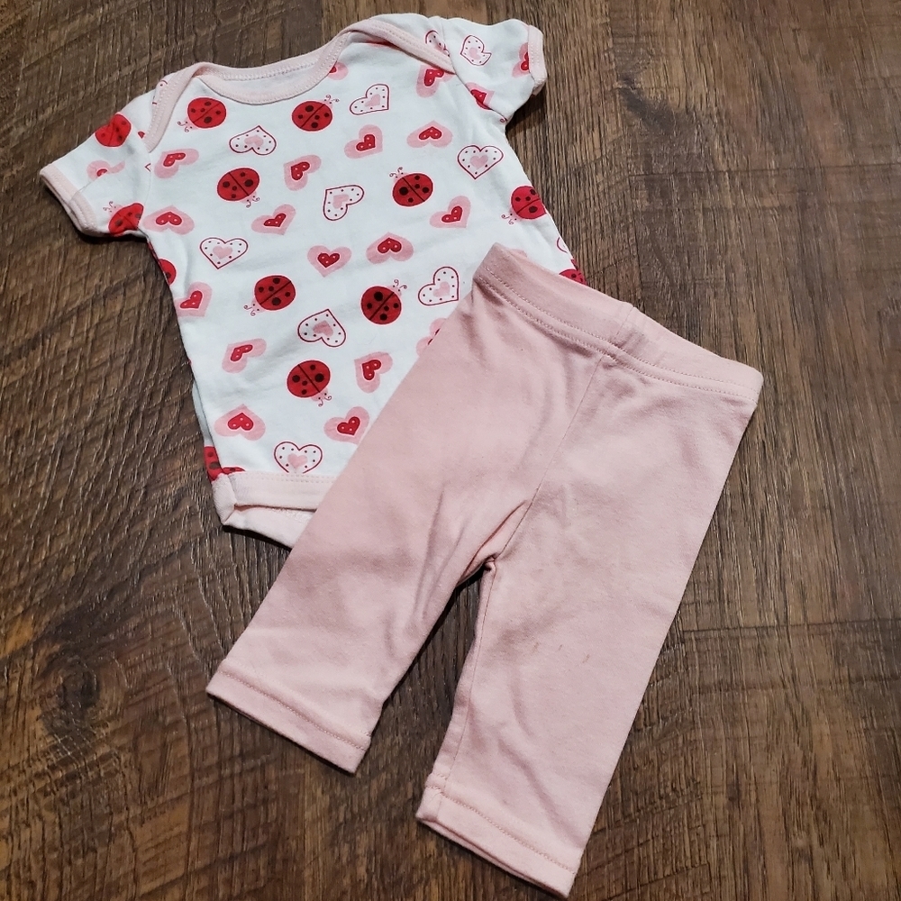 Rene Rofe Baby Swiggles Girl Red Hearts Ladybug Bodysuit Pastel Pink Leggings 3M